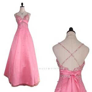 Y2K Prom Dress Maxi Gown 0 Pink Vtg Princess Bead Mesh Halter Ball Glam Sequin